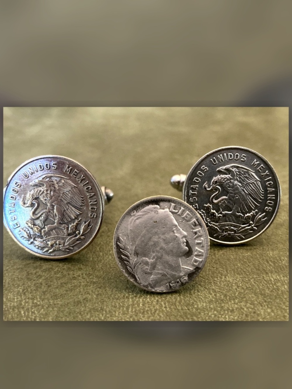 Vintage Mexican 20 Centavos Coin Cufflinks Eagle Snake + Tie Pin 🇲🇽